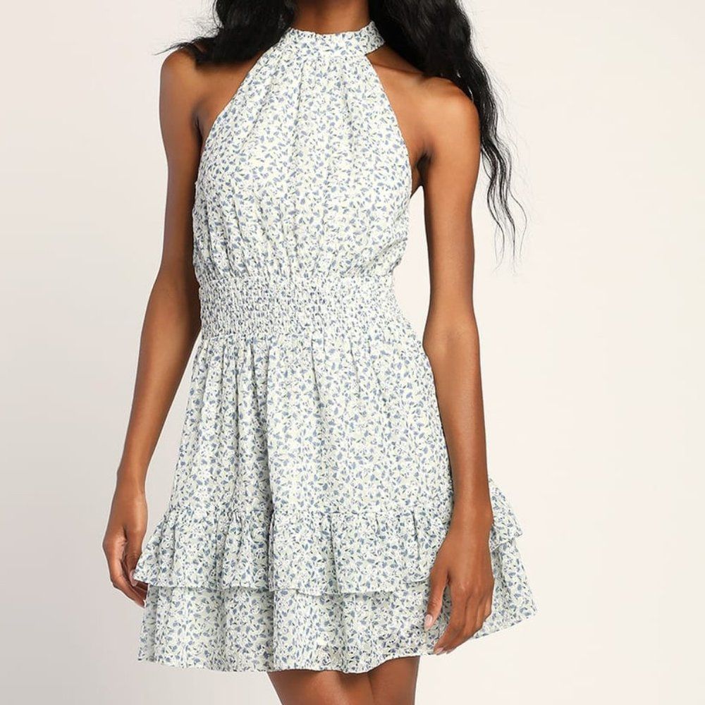 Lulus Mint Floral Sleeveless Mock Neck Mini Dress - Size S